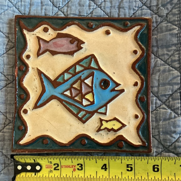 Unique Colorful Fish Themed Clay Tile Trivet Art Wall Hanging - Picture 4 of 4